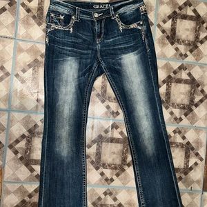 Grace in LA Dark Wash Embroidered Bejeweled Pocket Bootcut Jeans Size 31